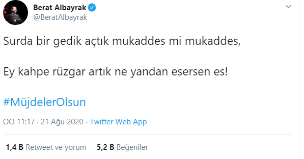 ALBAYRAK'TAN 'MÜJDE' İLE İLGİLİ TWEET