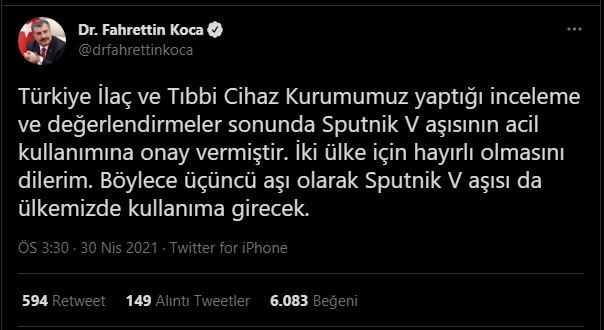 BAKAN KOCA RUS AŞISI SPUTNIK V'NİN ACİL KULLANIMINA ONAY VERDİLDİĞİNİ DUYURDU