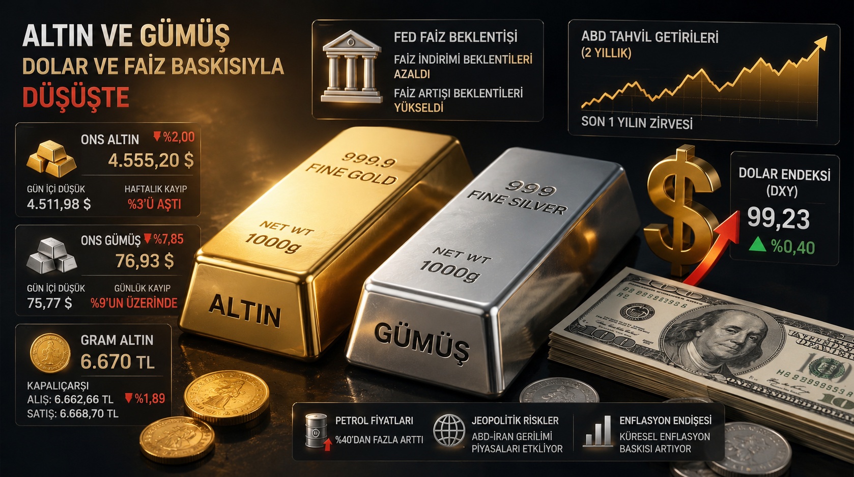 Fed beklentileri değişti, dolar güçlendi, altın ve gümüş değer kaybetti